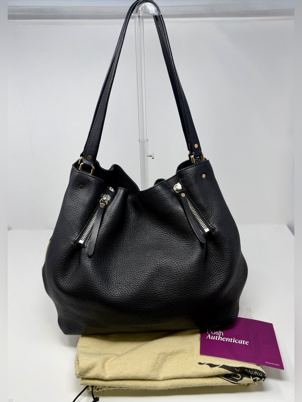 Burberry Black Leather Shoulder Large Hobo Bag With Dusty And Coa